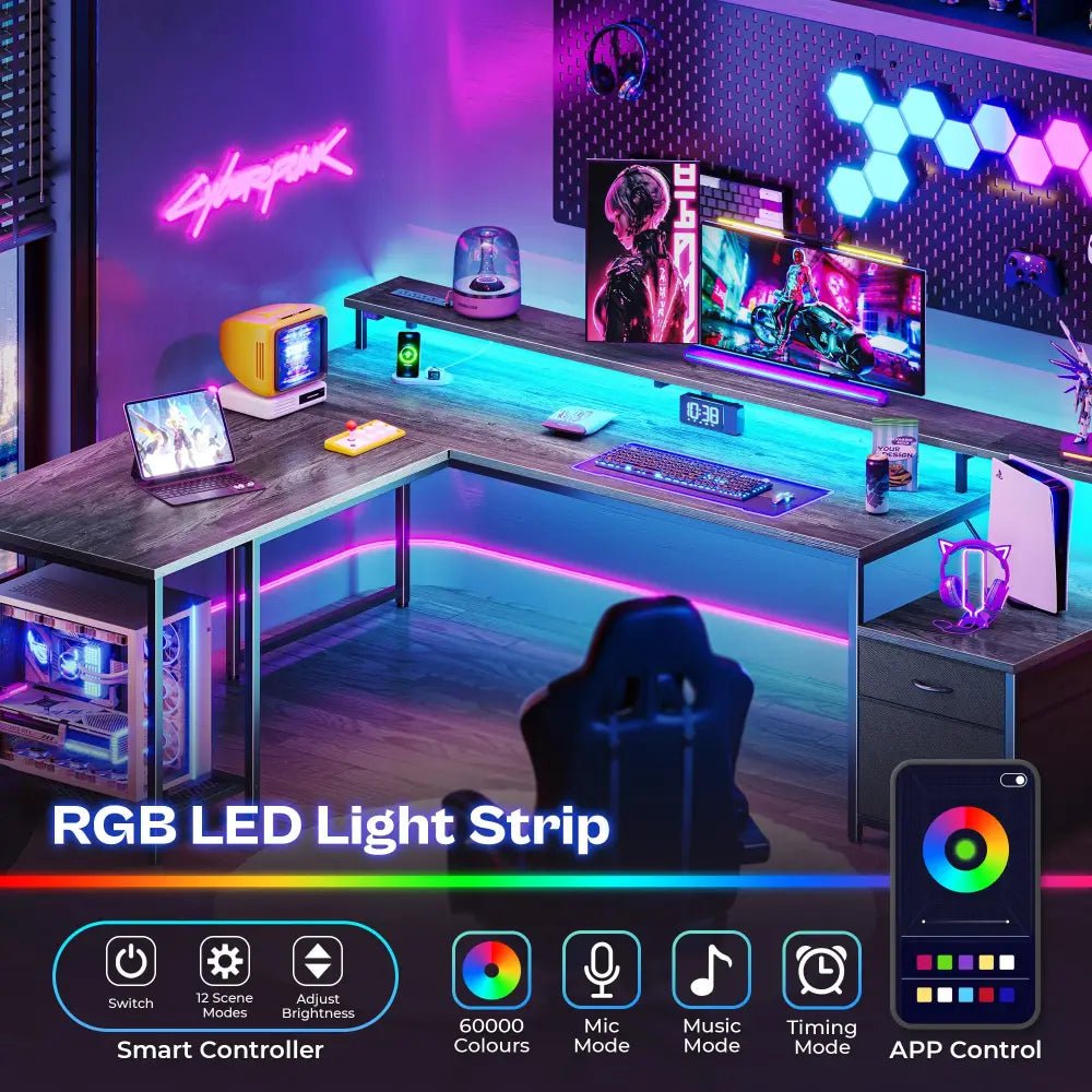 66 Inch L-Shaped Computer Desk with Power Outlets, Home Office, LED Lights, Fabric Drawers - Black - Task & Tether