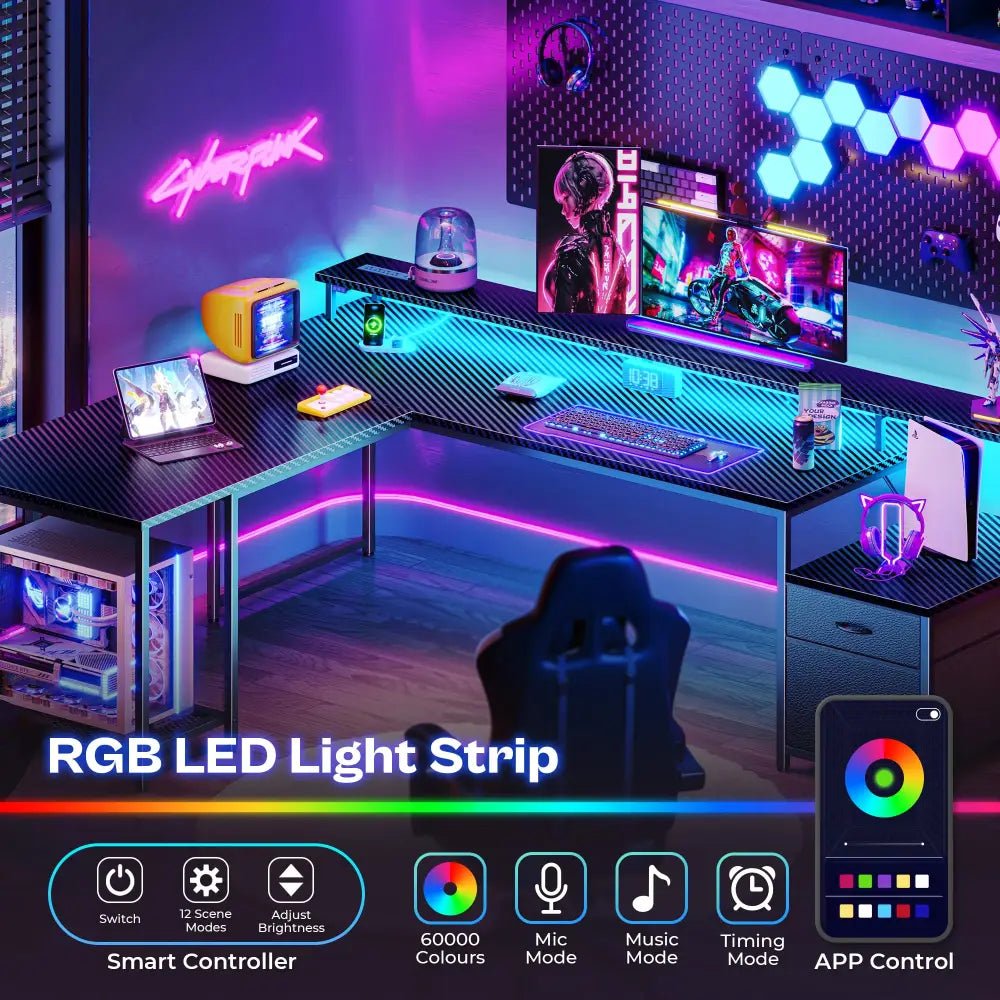 66 Inch L-Shaped Computer Desk with Power Outlets, Home Office, LED Lights, Fabric Drawers - Black - Task & Tether