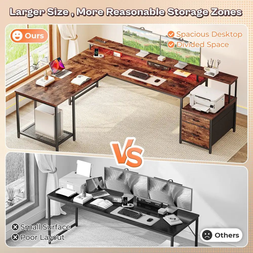 66 Inch L-Shaped Computer Desk with Power Outlets, Home Office, LED Lights, Fabric Drawers - Black - Task & Tether