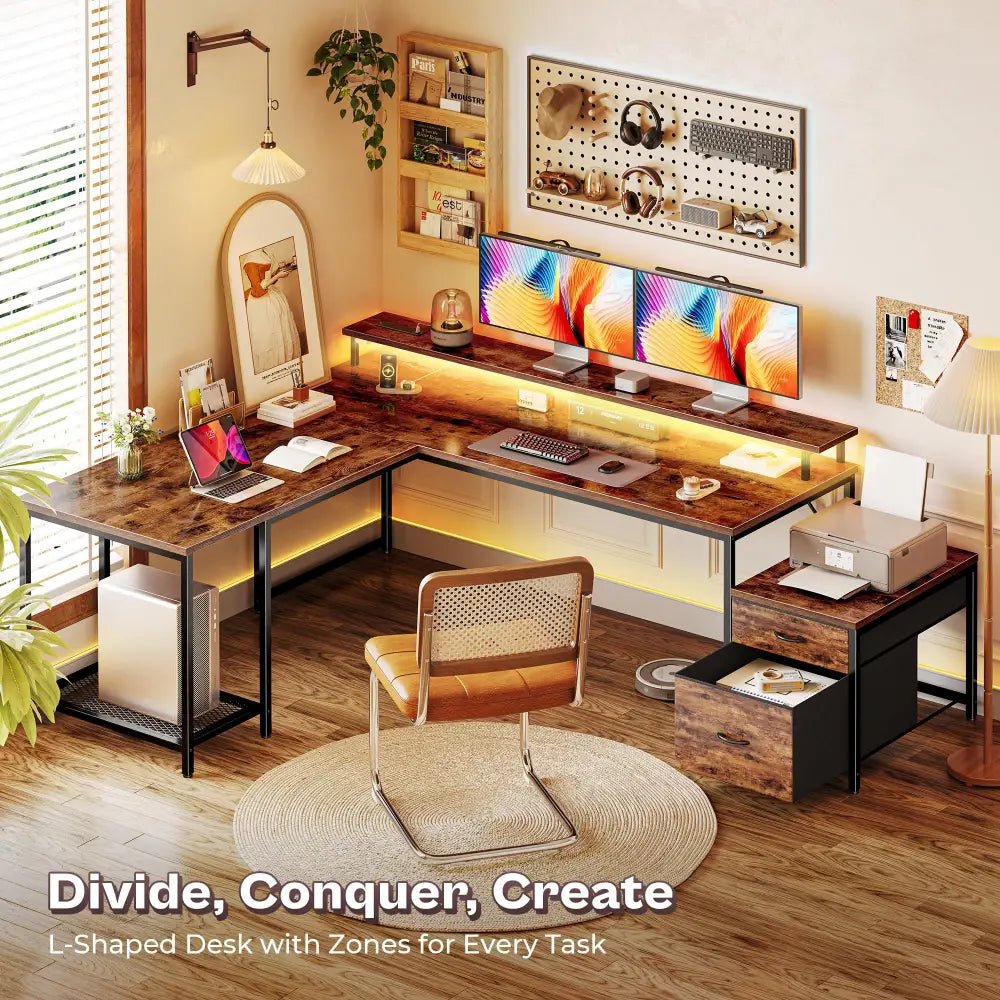 66 Inch L-Shaped Computer Desk with Power Outlets, Home Office, LED Lights, Fabric Drawers - Black - Task & Tether