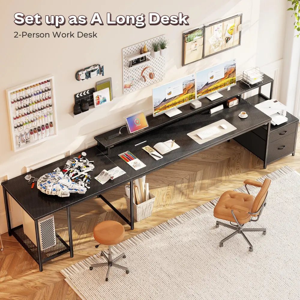 66 Inch L-Shaped Computer Desk with Power Outlets, Home Office, LED Lights, Fabric Drawers - Black - Task & Tether