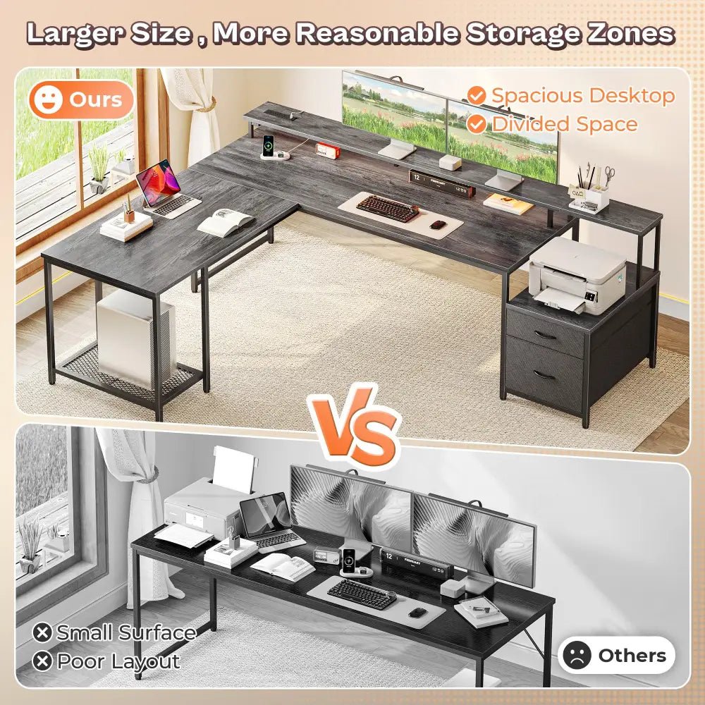 66 Inch L-Shaped Computer Desk with Power Outlets, Home Office, LED Lights, Fabric Drawers - Black - Task & Tether