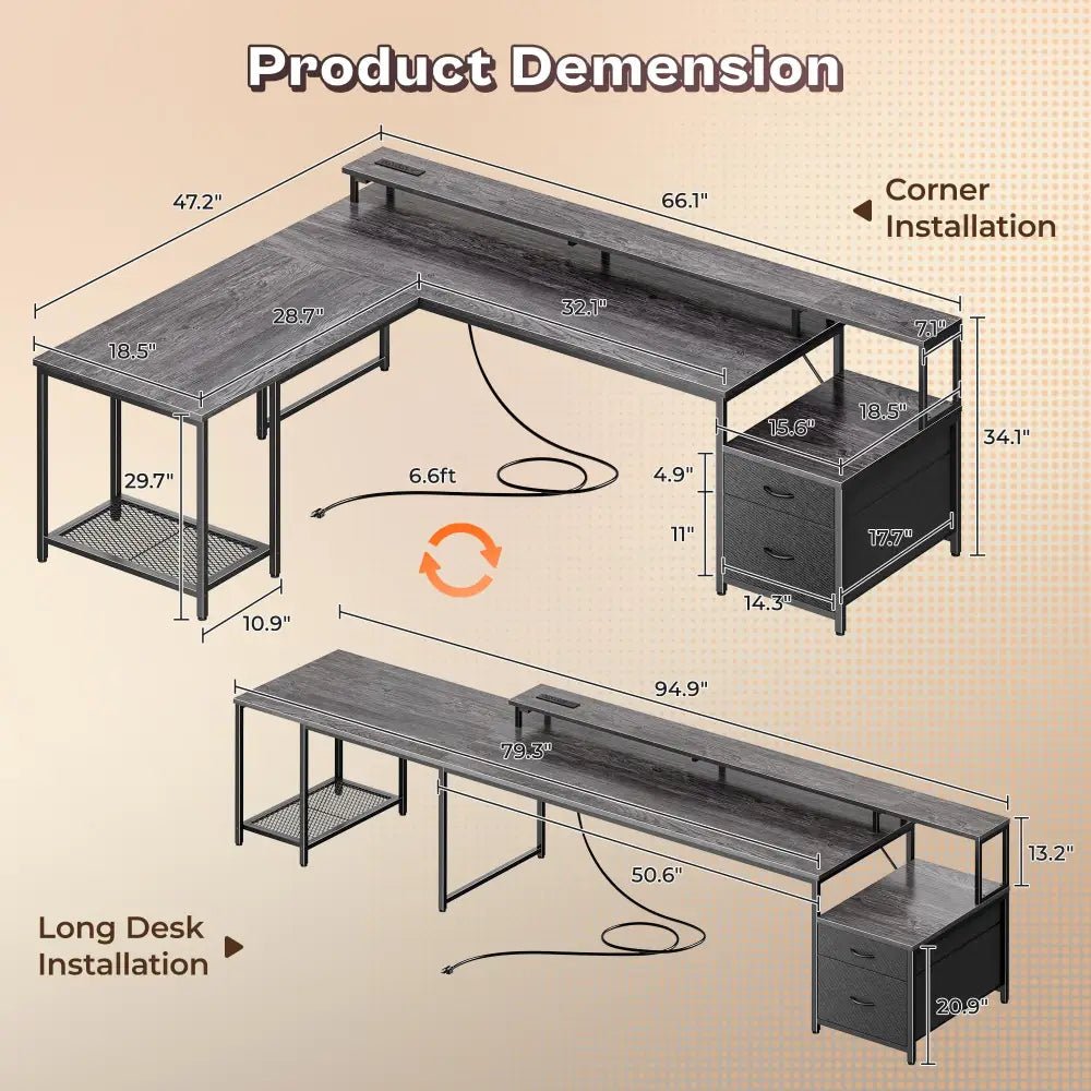 66 Inch L-Shaped Computer Desk with Power Outlets, Home Office, LED Lights, Fabric Drawers - Black - Task & Tether