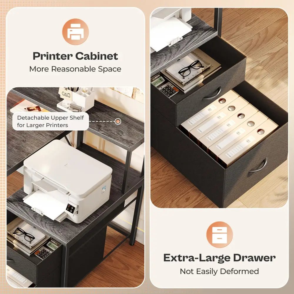 66 Inch L-Shaped Computer Desk with Power Outlets, Home Office, LED Lights, Fabric Drawers - Black - Task & Tether