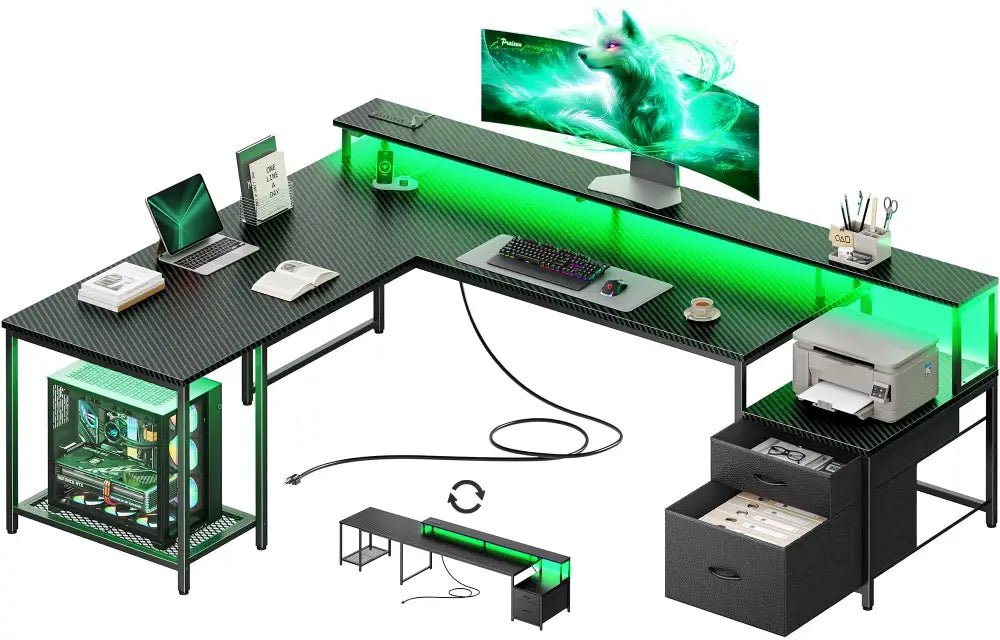 66 Inch L-Shaped Computer Desk with Power Outlets, Home Office, LED Lights, Fabric Drawers - Black - Task & Tether