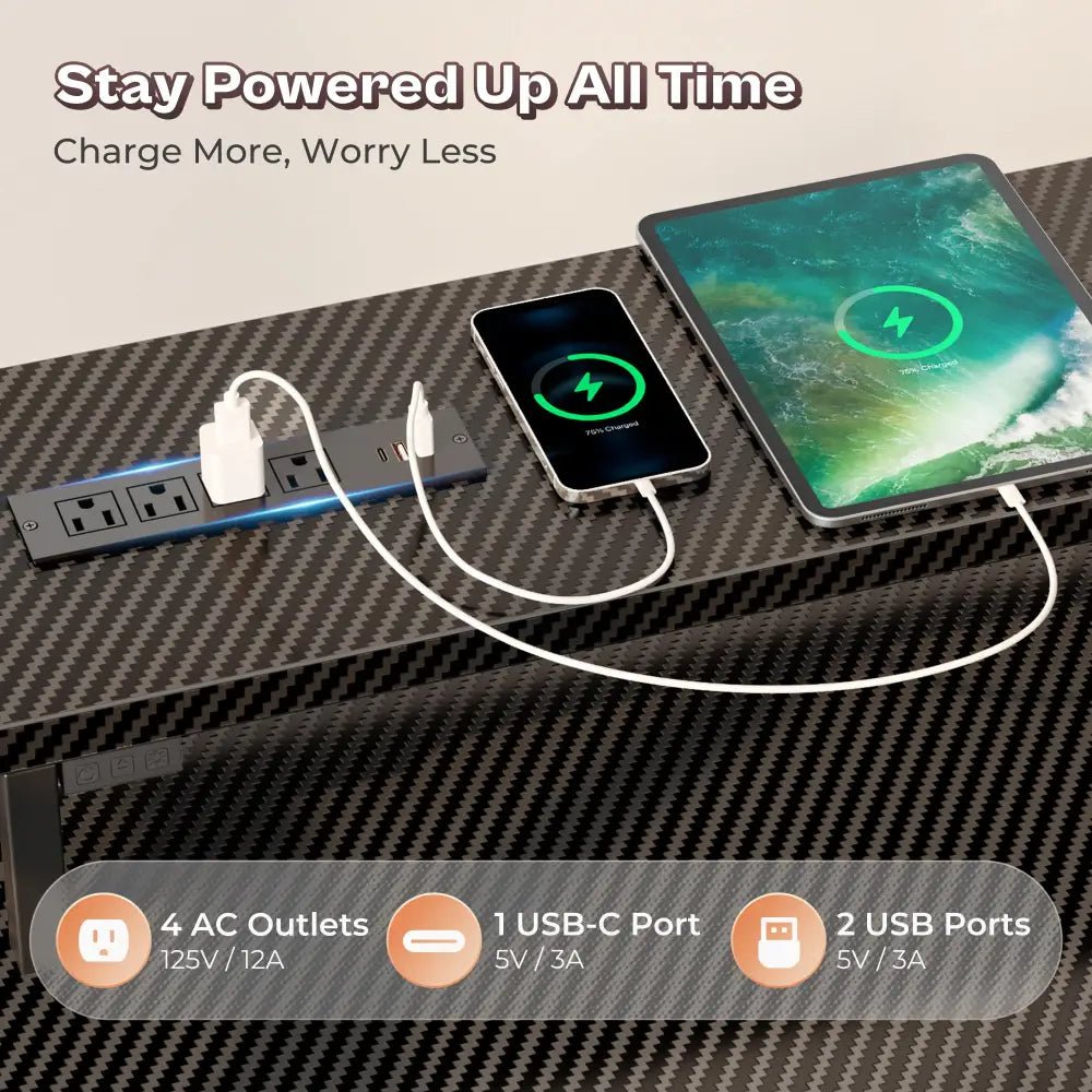 66 Inch L-Shaped Computer Desk with Power Outlets, Home Office, LED Lights, Fabric Drawers - Black - Task & Tether