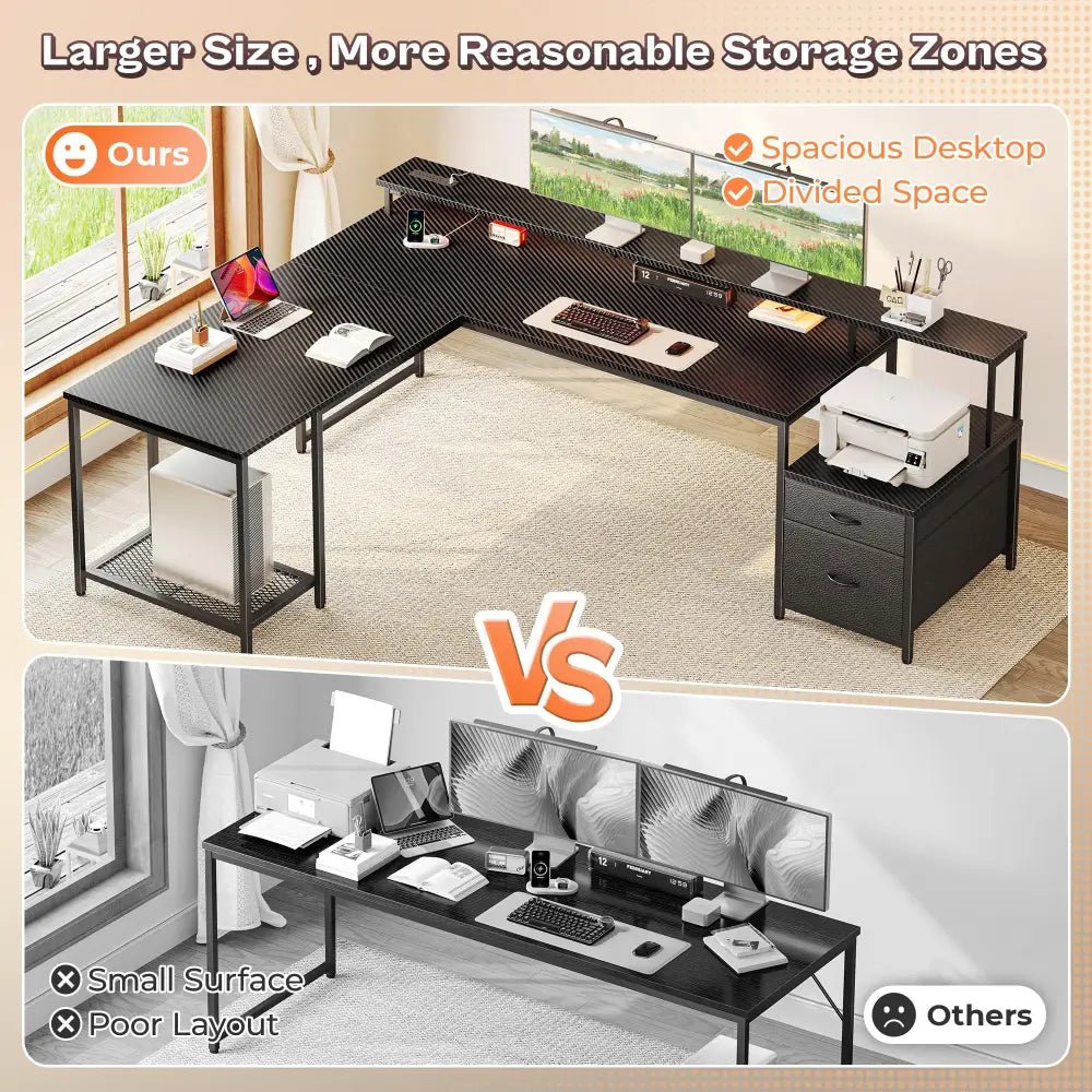 66 Inch L-Shaped Computer Desk with Power Outlets, Home Office, LED Lights, Fabric Drawers - Black - Task & Tether