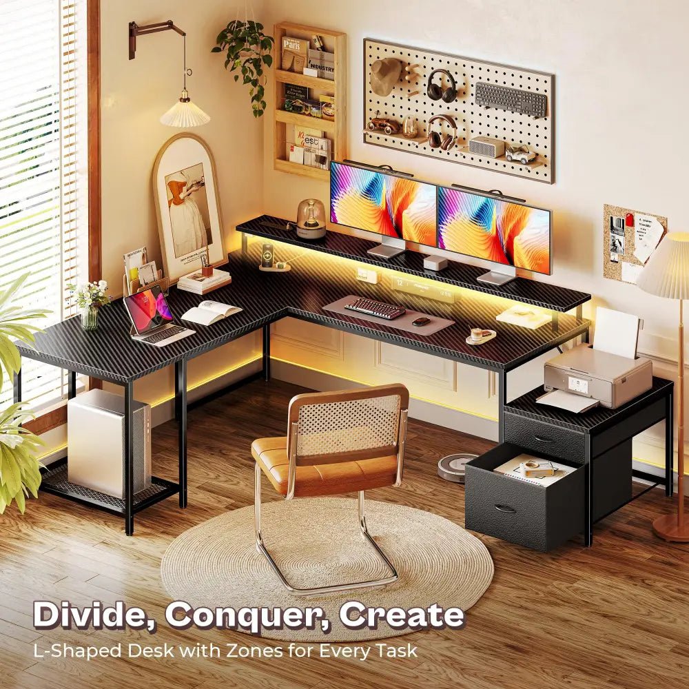 66 Inch L-Shaped Computer Desk with Power Outlets, Home Office, LED Lights, Fabric Drawers - Black - Task & Tether