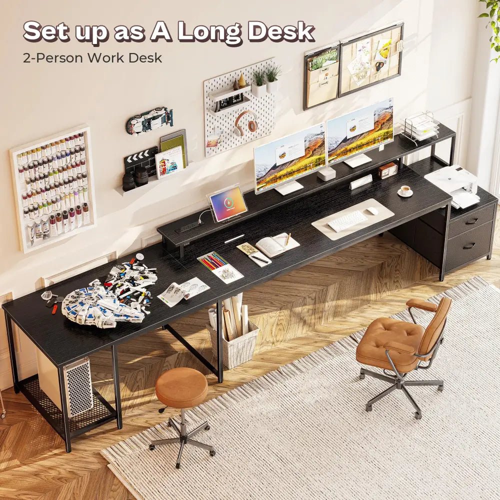 66 Inch L-Shaped Computer Desk with Power Outlets, Home Office, LED Lights, Fabric Drawers - Black - Task & Tether