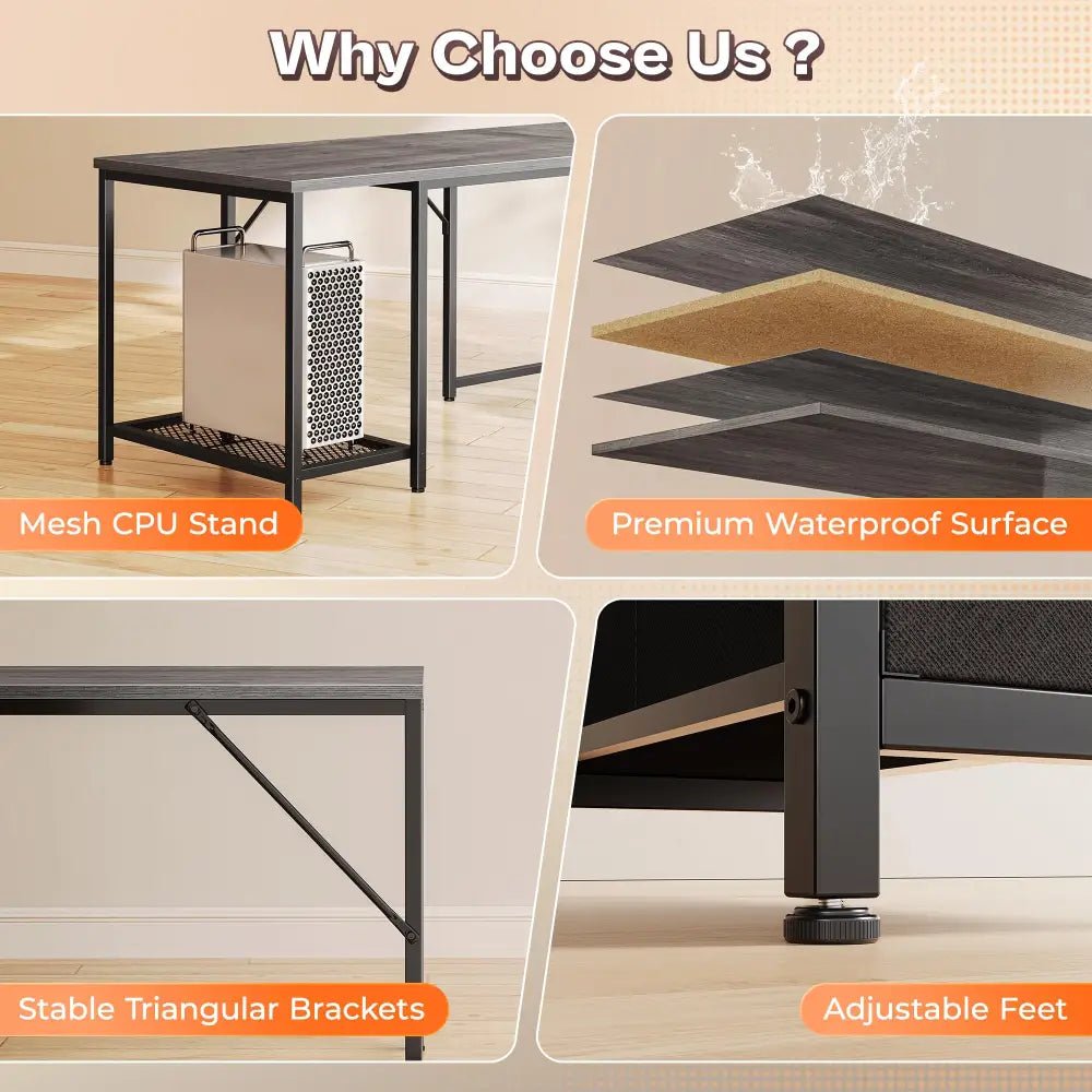 66 Inch L-Shaped Computer Desk with Power Outlets, Home Office, LED Lights, Fabric Drawers - Black - Task & Tether