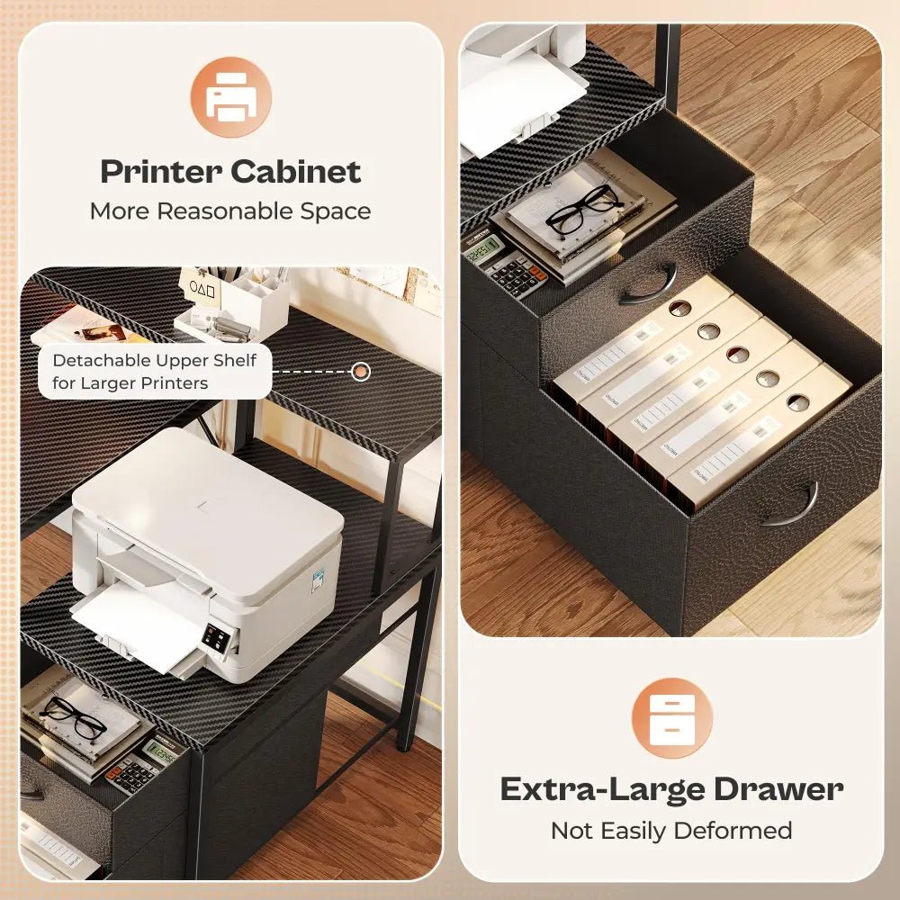 66 Inch L-Shaped Computer Desk with Power Outlets, Home Office, LED Lights, Fabric Drawers - Black - Task & Tether