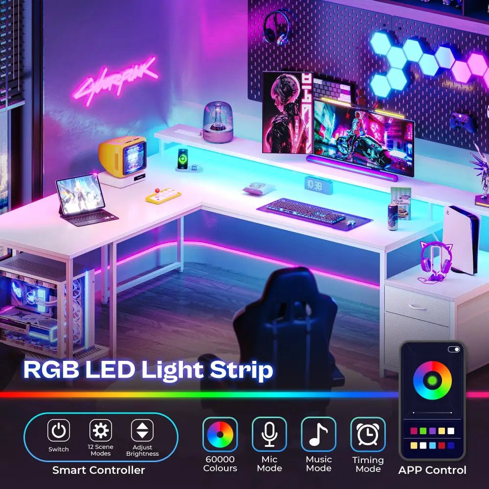 66 Inch L-Shaped Computer Desk with Power Outlets, Home Office, LED Lights, Fabric Drawers - Black - Task & Tether