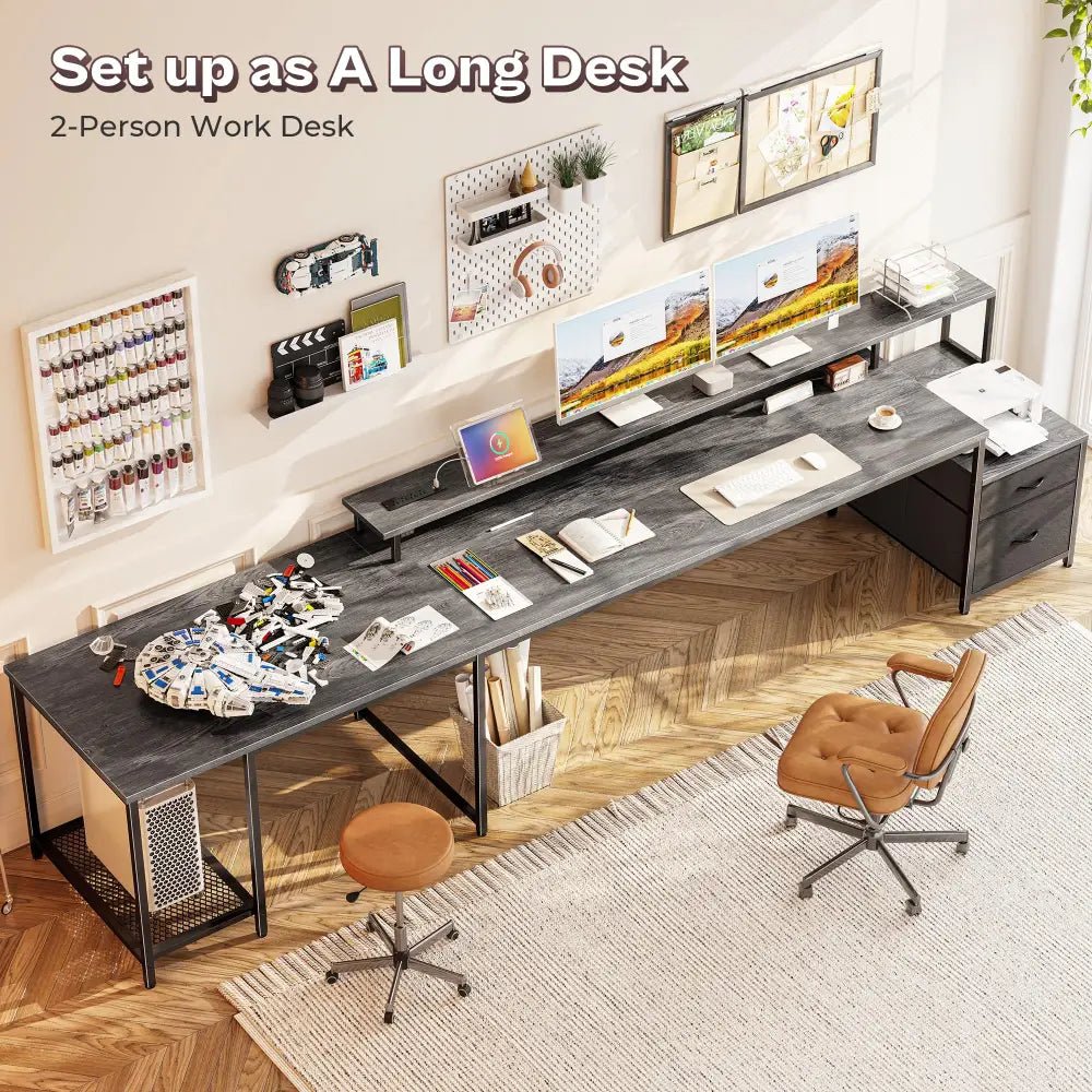 66 Inch L-Shaped Computer Desk with Power Outlets, Home Office, LED Lights, Fabric Drawers - Black - Task & Tether