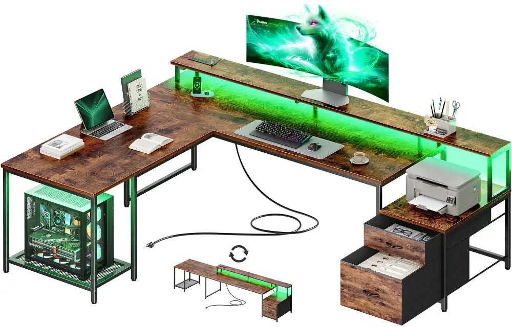 66 Inch L-Shaped Computer Desk with Power Outlets, Home Office, LED Lights, Fabric Drawers - Black - Task & Tether