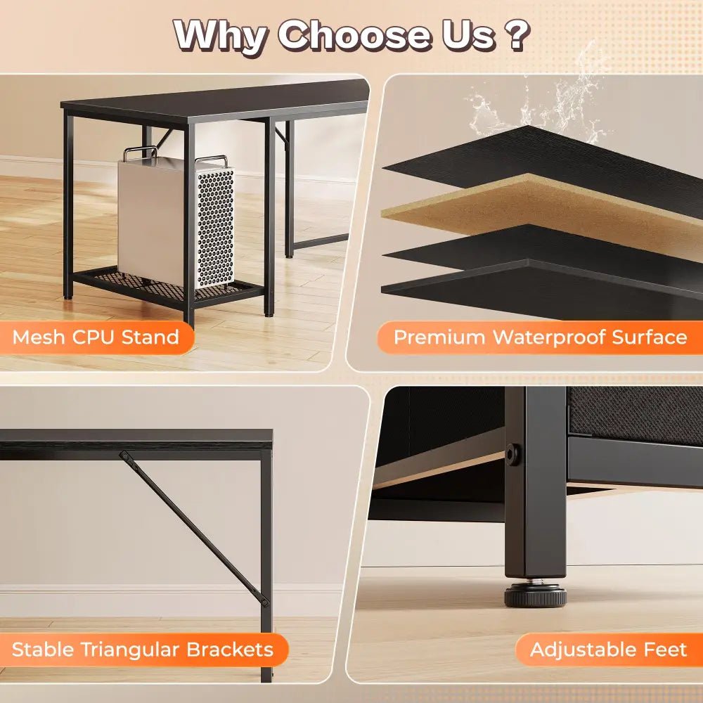 66 Inch L-Shaped Computer Desk with Power Outlets, Home Office, LED Lights, Fabric Drawers - Black - Task & Tether