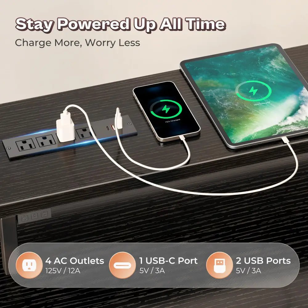 66 Inch L-Shaped Computer Desk with Power Outlets, Home Office, LED Lights, Fabric Drawers - Black - Task & Tether