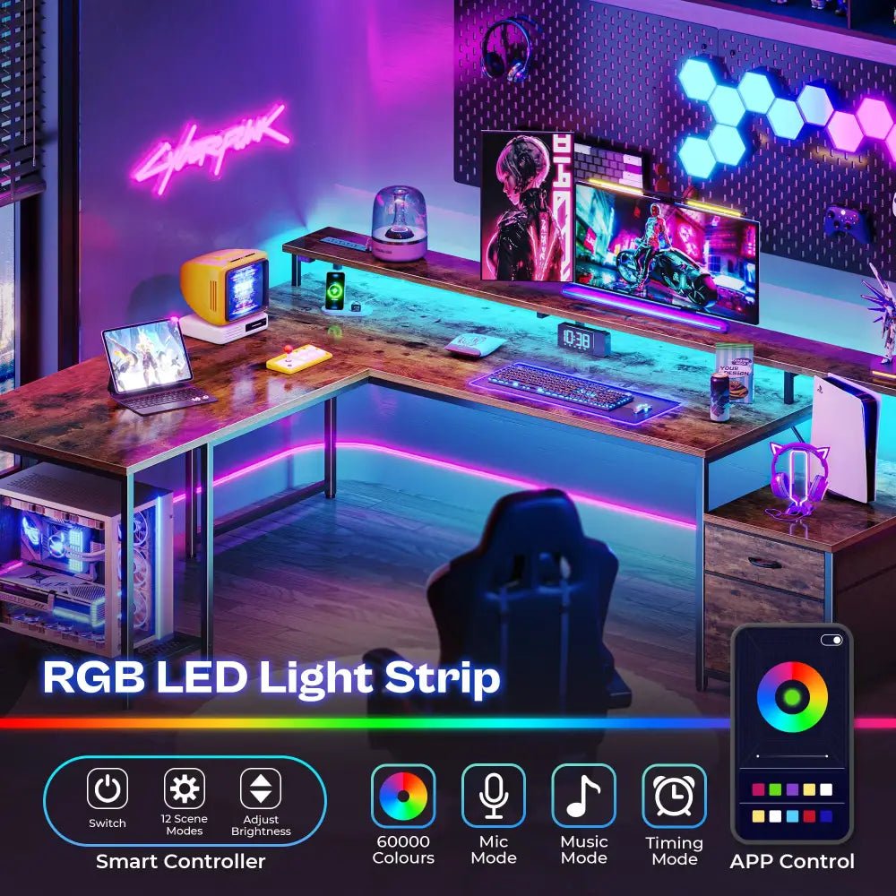 66 Inch L-Shaped Computer Desk with Power Outlets, Home Office, LED Lights, Fabric Drawers - Black - Task & Tether