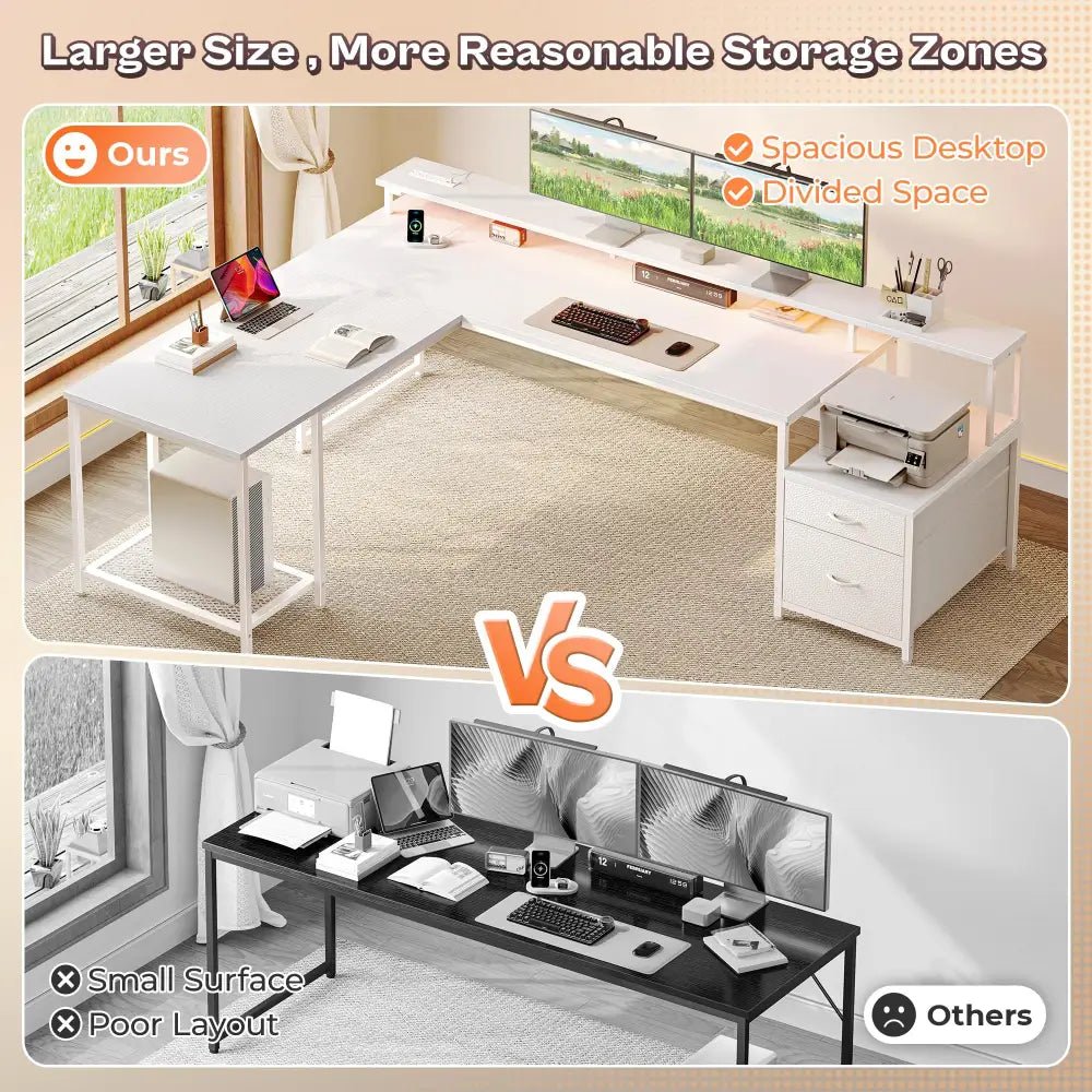 66 Inch L-Shaped Computer Desk with Power Outlets, Home Office, LED Lights, Fabric Drawers - Black - Task & Tether