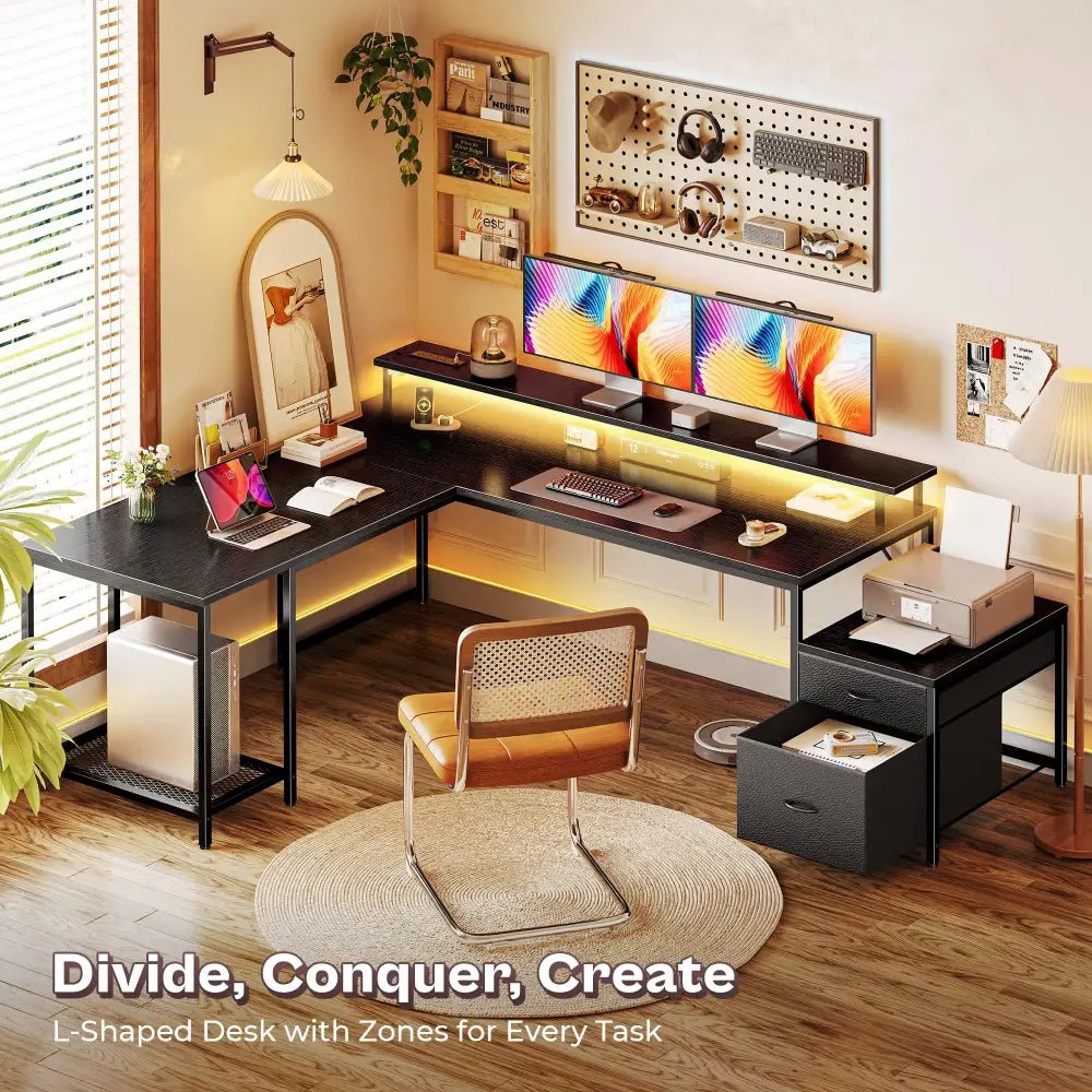 66 Inch L-Shaped Computer Desk with Power Outlets, Home Office, LED Lights, Fabric Drawers - Black - Task & Tether