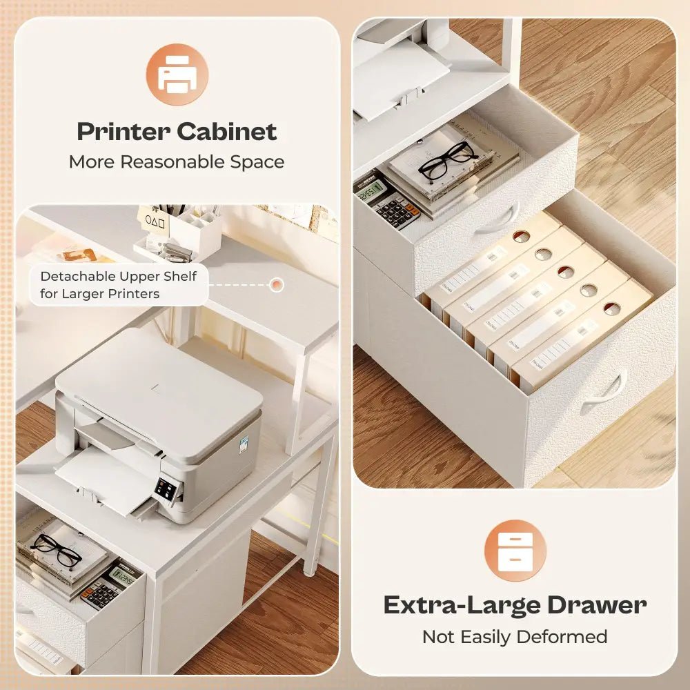 66 Inch L-Shaped Computer Desk with Power Outlets, Home Office, LED Lights, Fabric Drawers - Black - Task & Tether