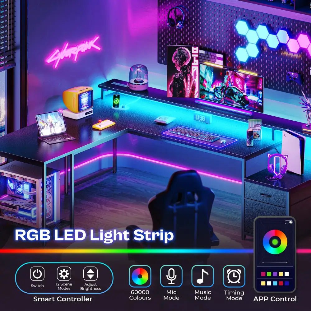 66 Inch L-Shaped Computer Desk with Power Outlets, Home Office, LED Lights, Fabric Drawers - Black - Task & Tether