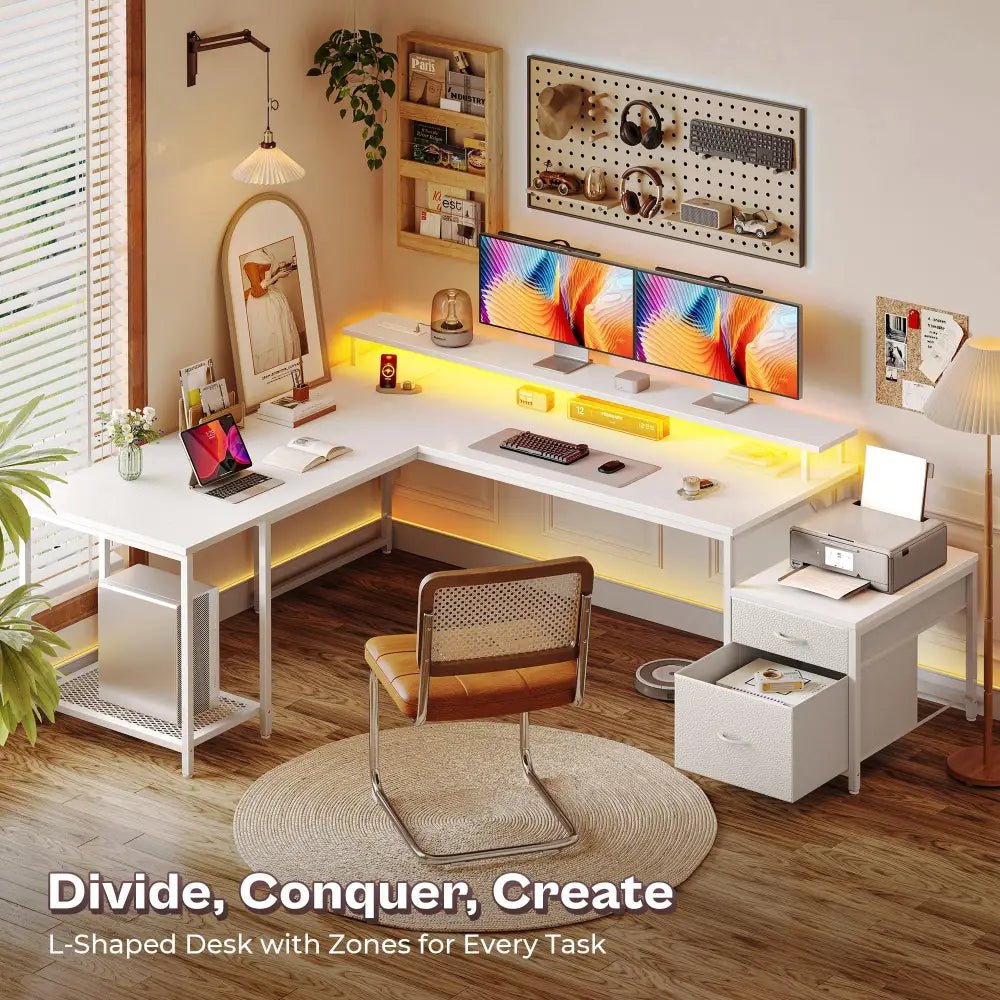 66 Inch L-Shaped Computer Desk with Power Outlets, Home Office, LED Lights, Fabric Drawers - Black - Task & Tether