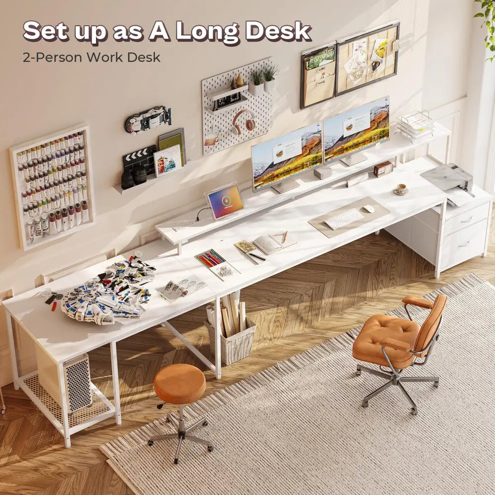 66 Inch L-Shaped Computer Desk with Power Outlets, Home Office, LED Lights, Fabric Drawers - Black - Task & Tether