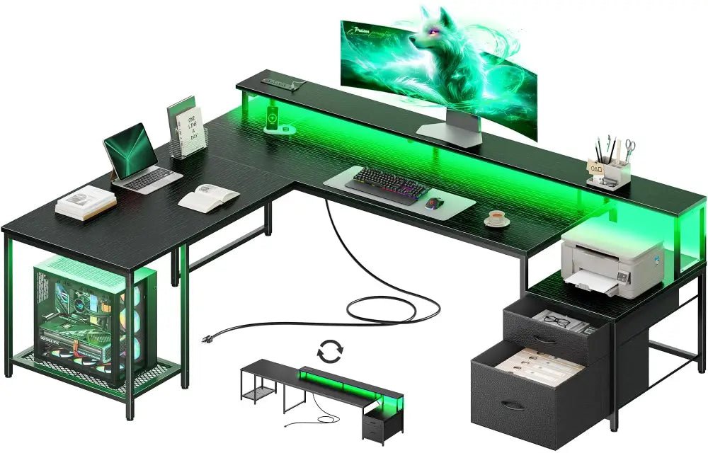 66 Inch L-Shaped Computer Desk with Power Outlets, Home Office, LED Lights, Fabric Drawers - Black - Task & Tether