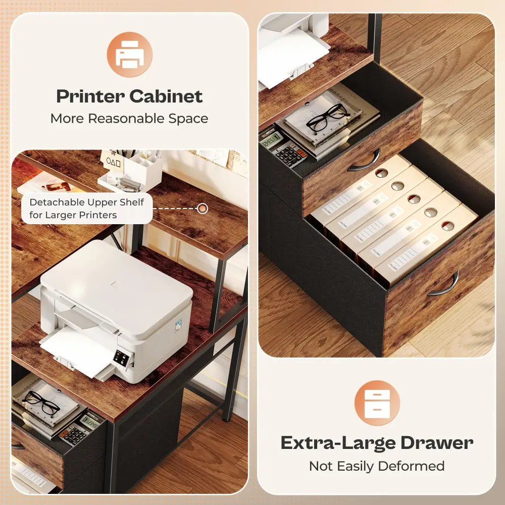 66 Inch L-Shaped Computer Desk with Power Outlets, Home Office, LED Lights, Fabric Drawers - Black - Task & Tether