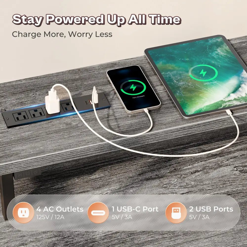 66 Inch L-Shaped Computer Desk with Power Outlets, Home Office, LED Lights, Fabric Drawers - Black - Task & Tether