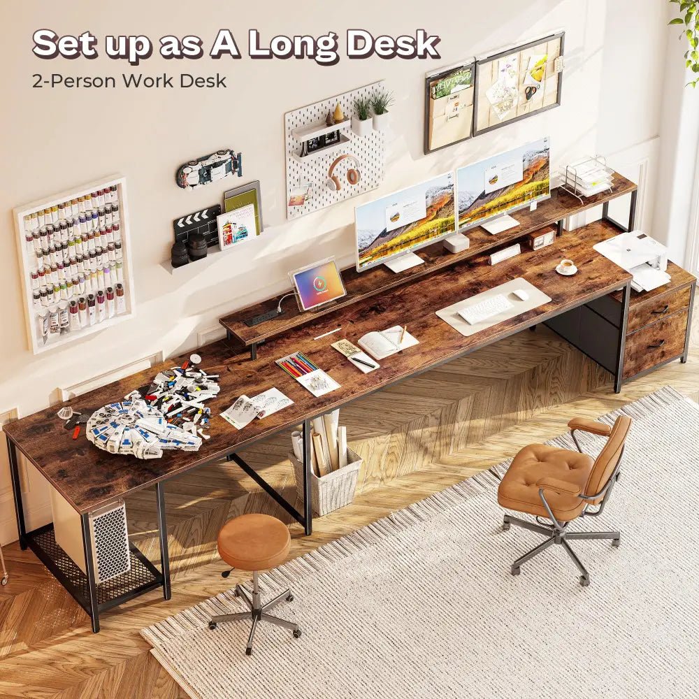 66 Inch L-Shaped Computer Desk with Power Outlets, Home Office, LED Lights, Fabric Drawers - Black - Task & Tether