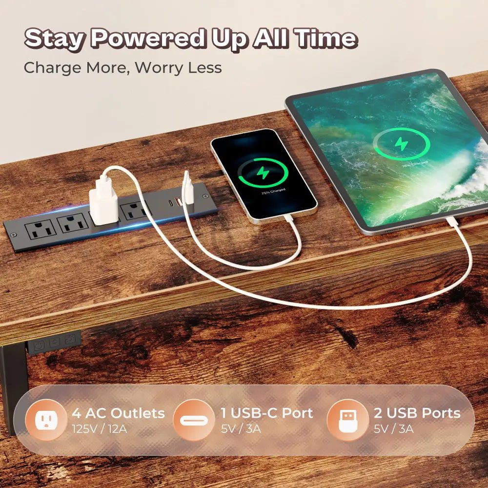 66 Inch L-Shaped Computer Desk with Power Outlets, Home Office, LED Lights, Fabric Drawers - Black - Task & Tether