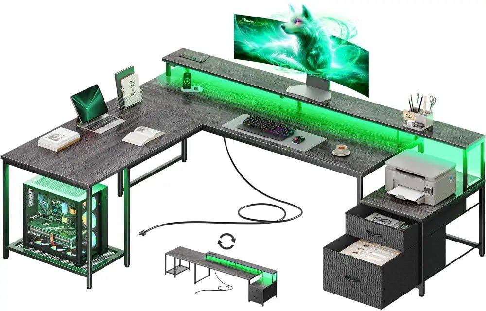 66 Inch L-Shaped Computer Desk with Power Outlets, Home Office, LED Lights, Fabric Drawers - Black - Task & Tether