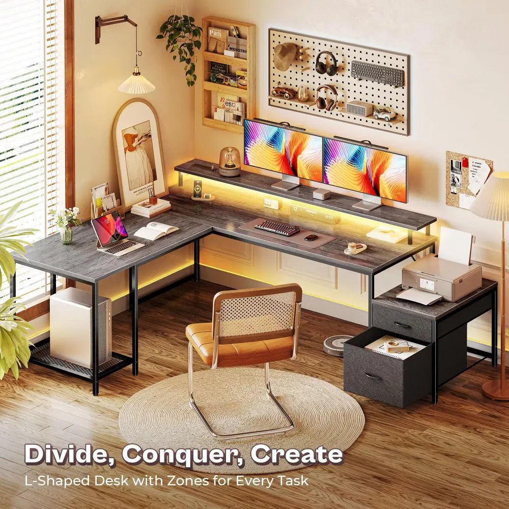 66 Inch L-Shaped Computer Desk with Power Outlets, Home Office, LED Lights, Fabric Drawers - Black - Task & Tether