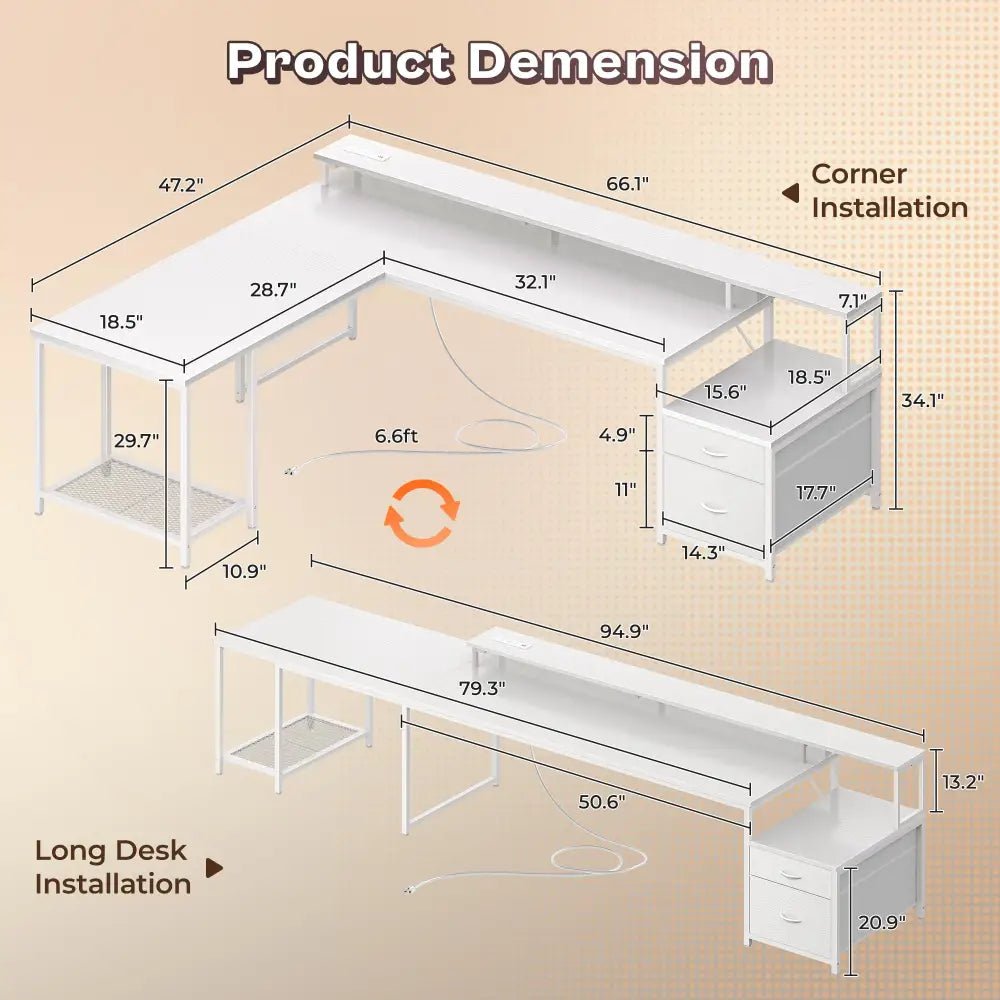 66 Inch L-Shaped Computer Desk with Power Outlets, Home Office, LED Lights, Fabric Drawers - Black - Task & Tether