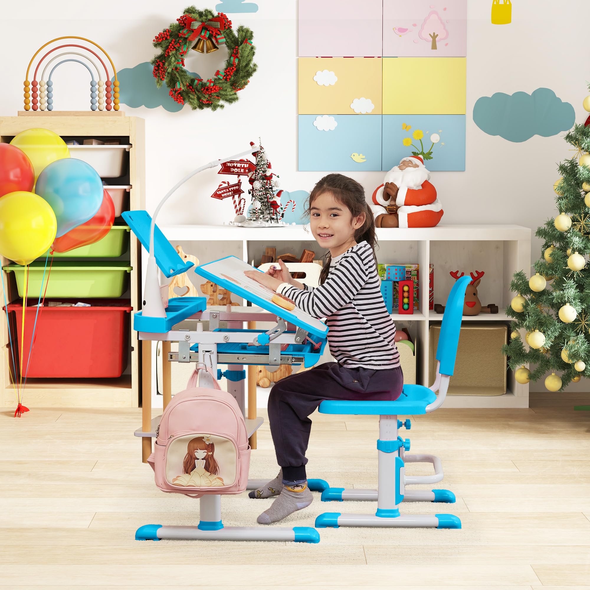 Kids Desk and Chair Set with Tilt Desktop & LED Light, Blue - Task & Tether