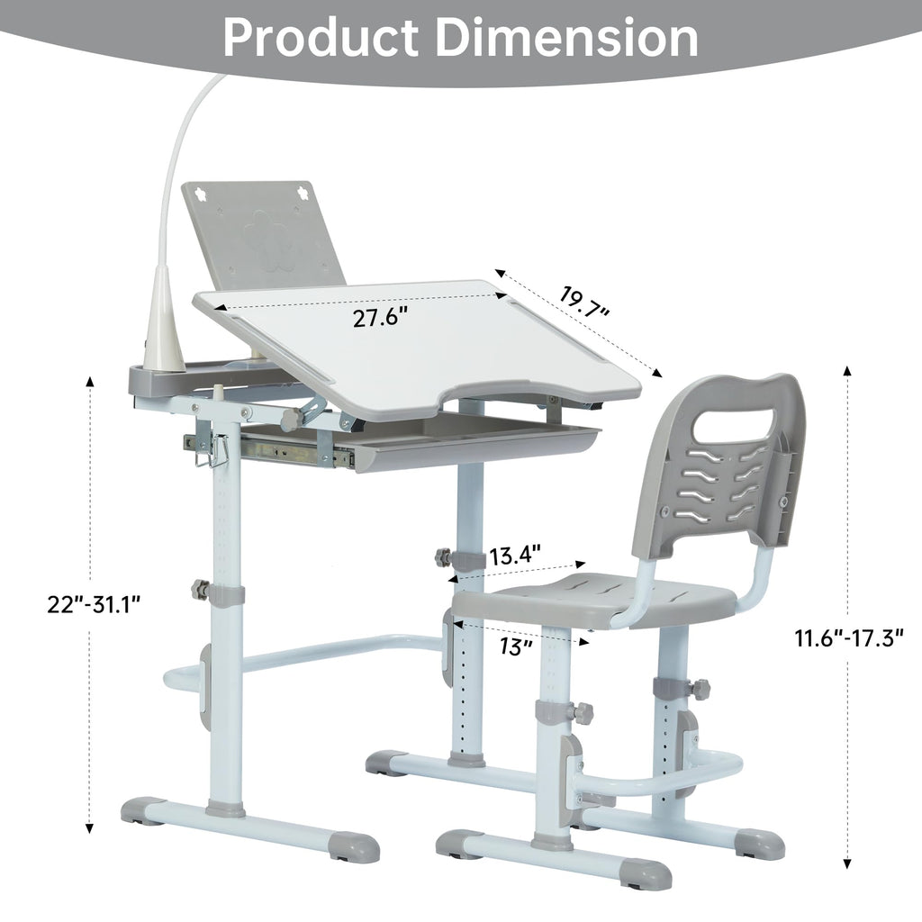 Kids Desk and Chair Set with Tilt Desktop & LED Light, Blue - Task & Tether