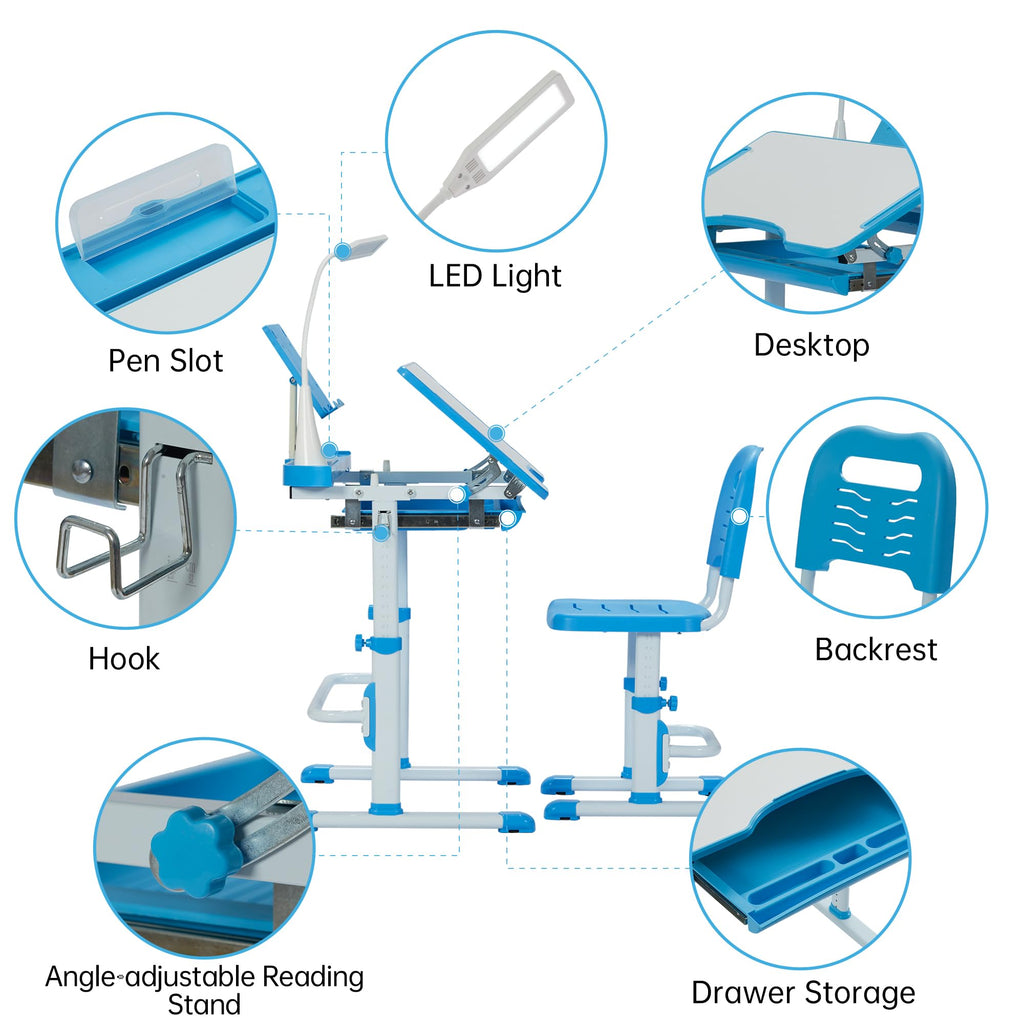 Kids Desk and Chair Set with Tilt Desktop & LED Light, Blue - Task & Tether