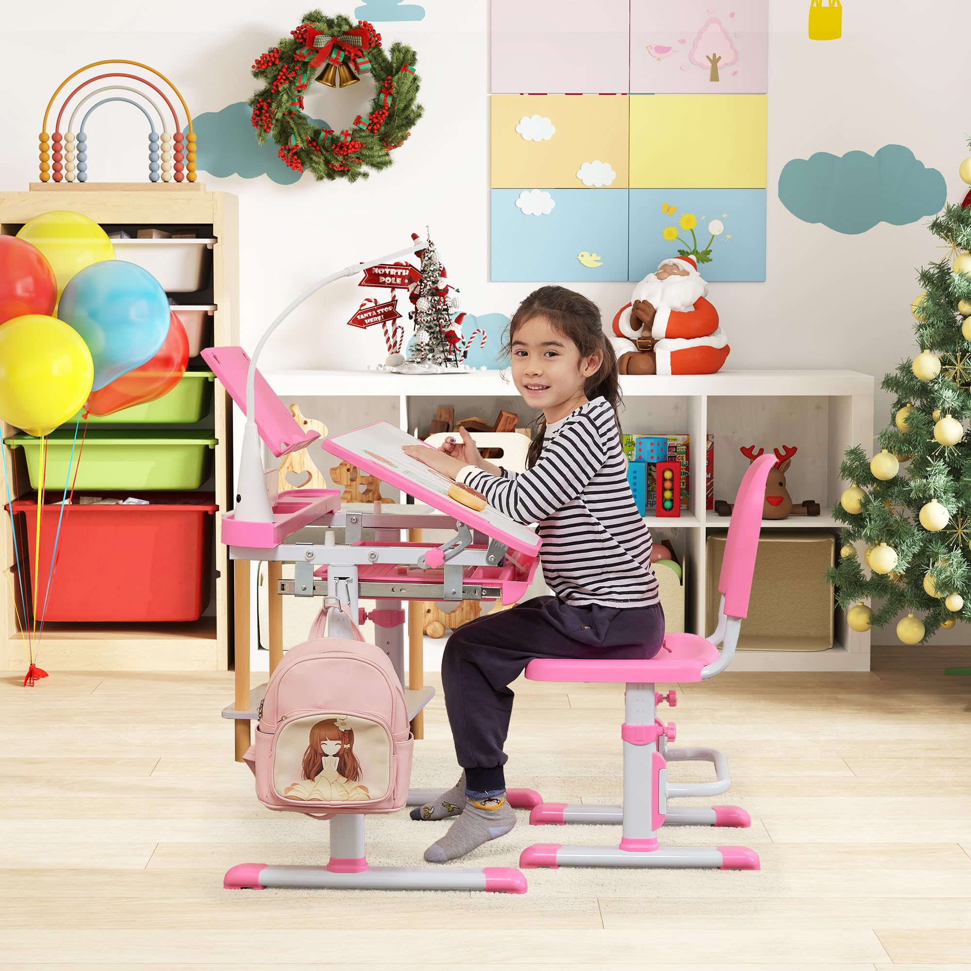 Kids Desk and Chair Set with Tilt Desktop & LED Light, Blue - Task & Tether