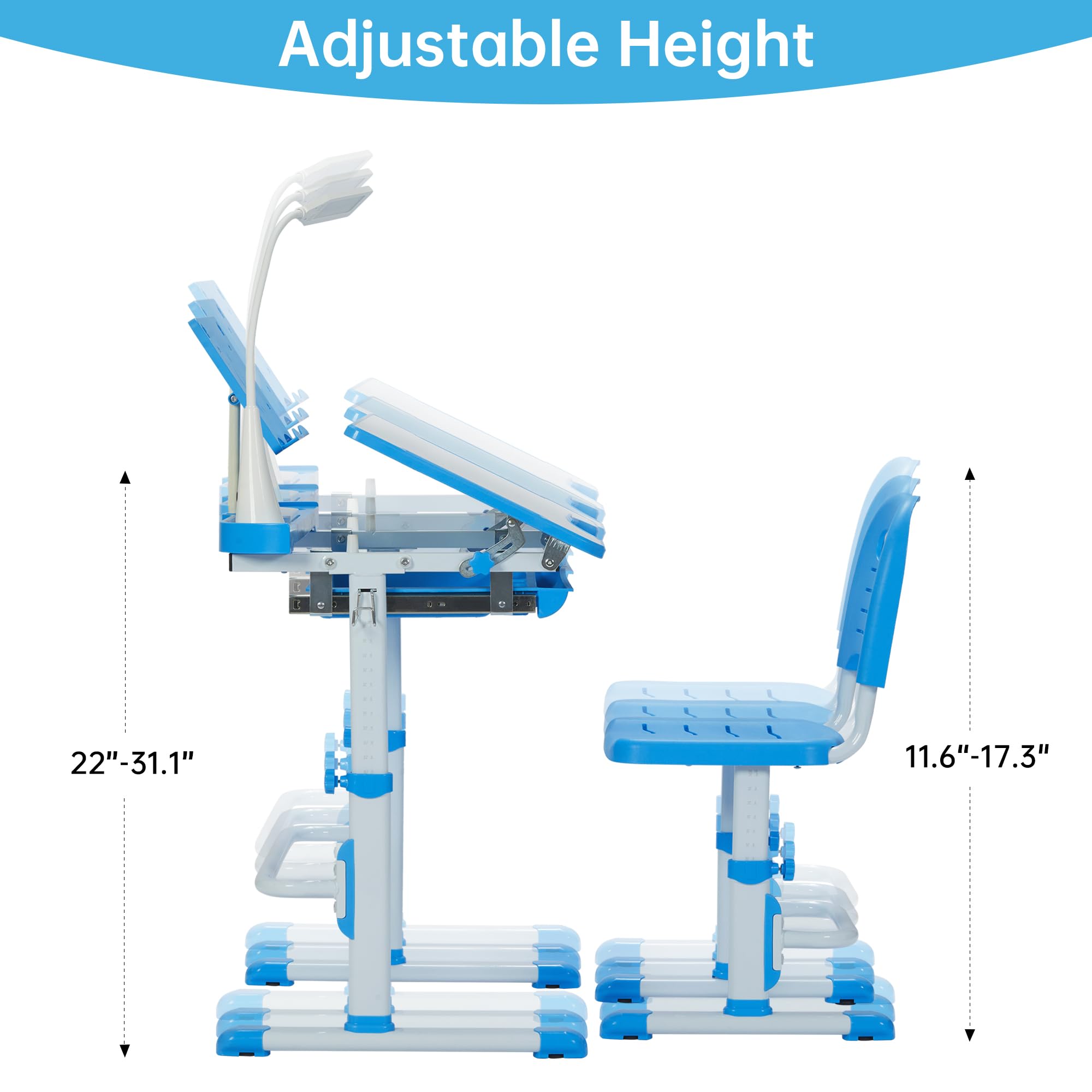 Kids Desk and Chair Set with Tilt Desktop & LED Light, Blue - Task & Tether