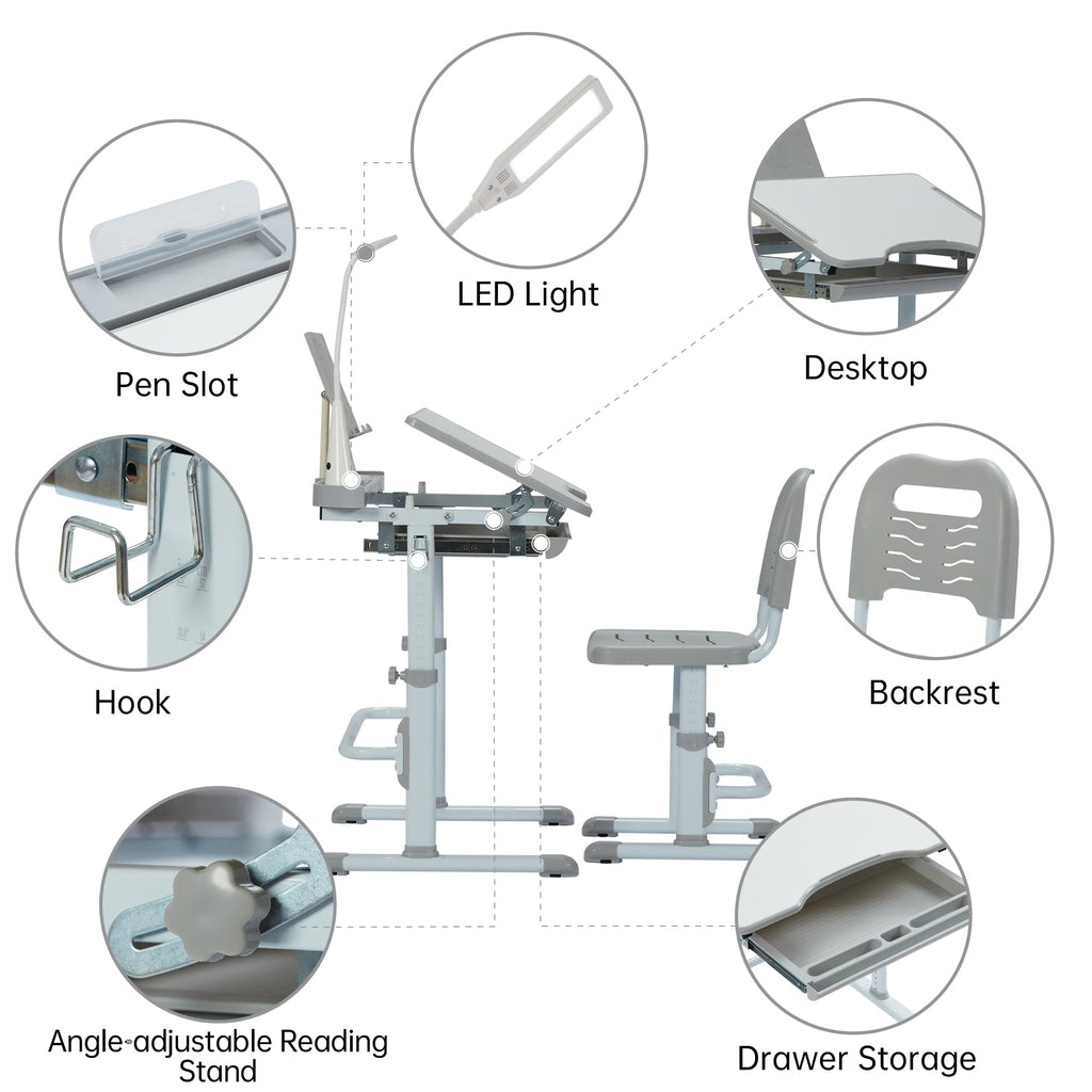 Kids Desk and Chair Set with Tilt Desktop & LED Light, Blue - Task & Tether