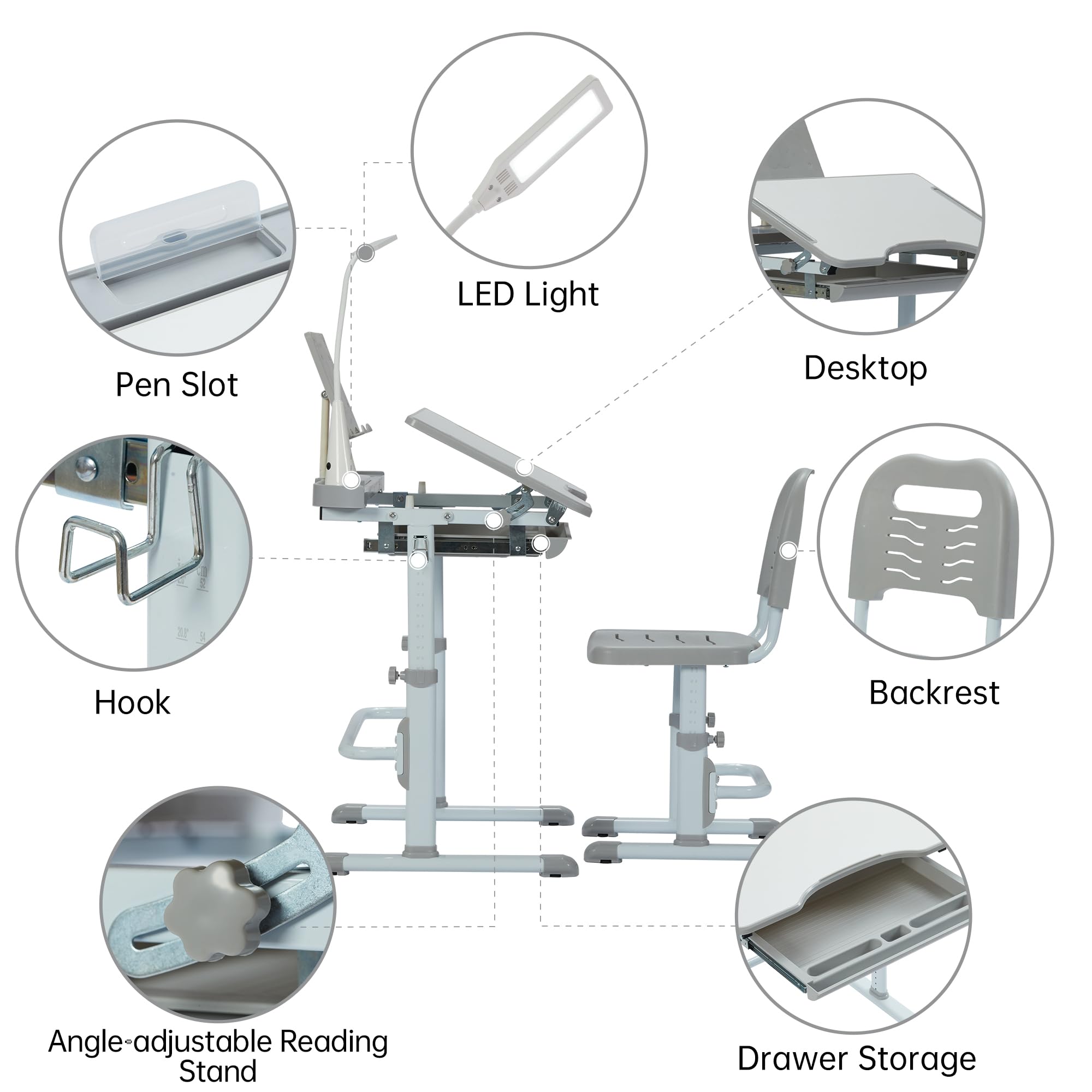 Kids Desk and Chair Set with Tilt Desktop & LED Light, Blue - Task & Tether