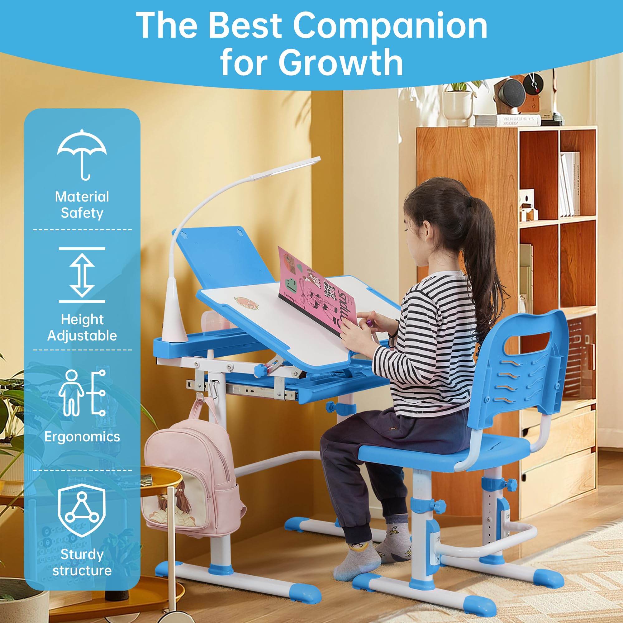 Kids Desk and Chair Set with Tilt Desktop & LED Light, Blue - Task & Tether