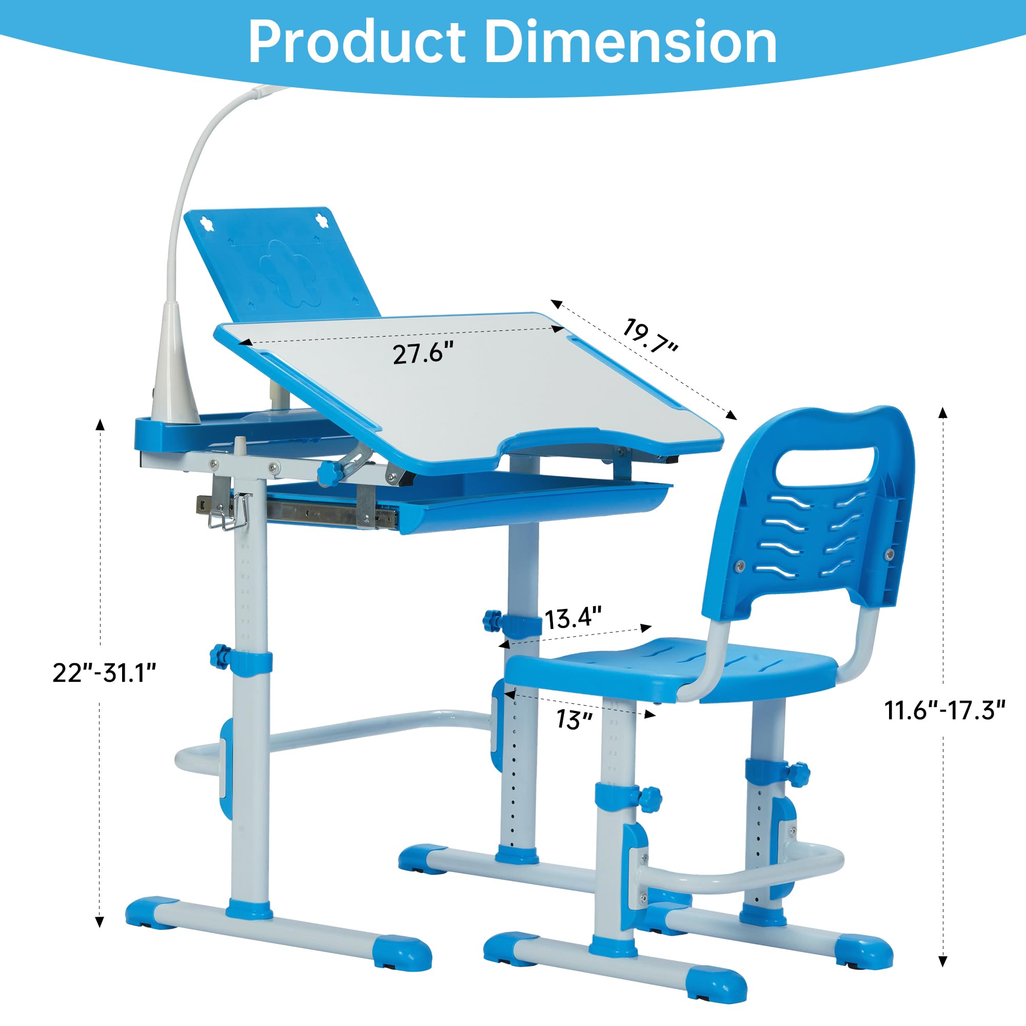 Kids Desk and Chair Set with Tilt Desktop & LED Light, Blue - Task & Tether