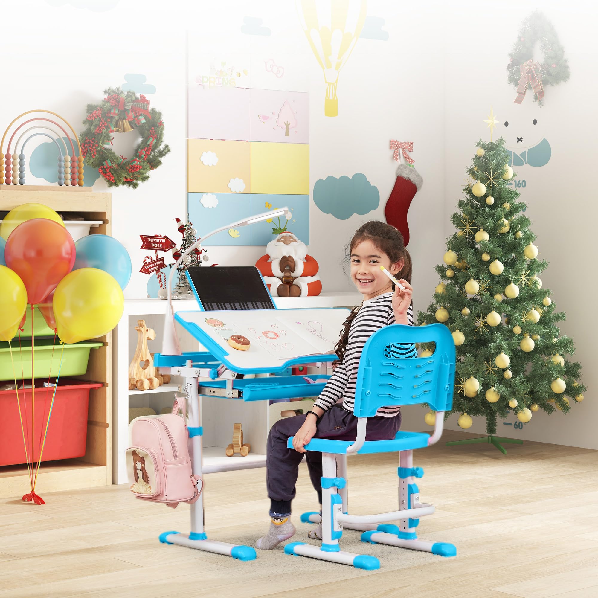 Kids Desk and Chair Set with Tilt Desktop & LED Light, Blue - Task & Tether
