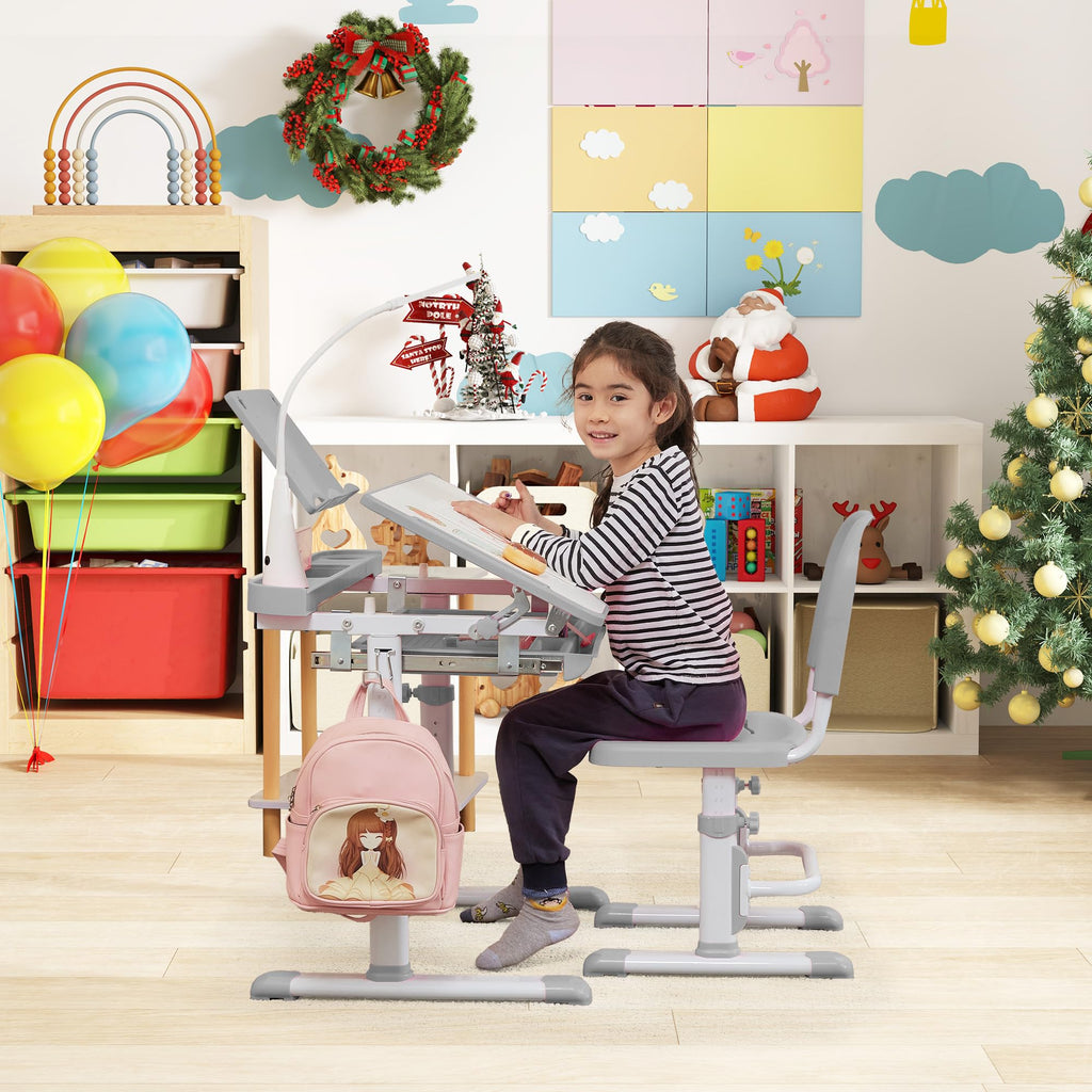 Kids Desk and Chair Set with Tilt Desktop & LED Light, Blue - Task & Tether