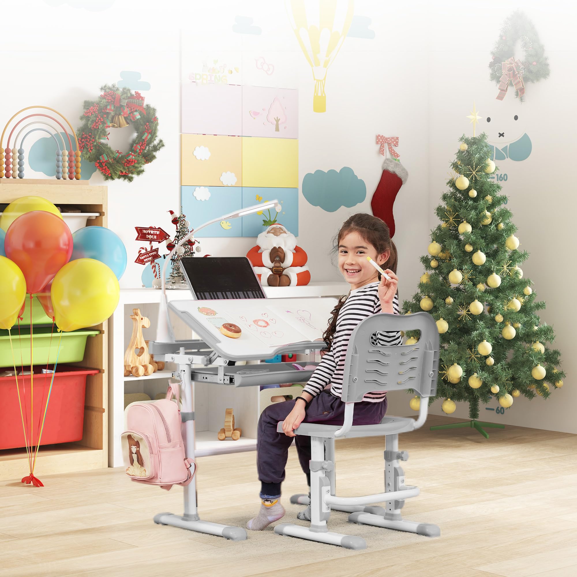 Kids Desk and Chair Set with Tilt Desktop & LED Light, Blue - Task & Tether