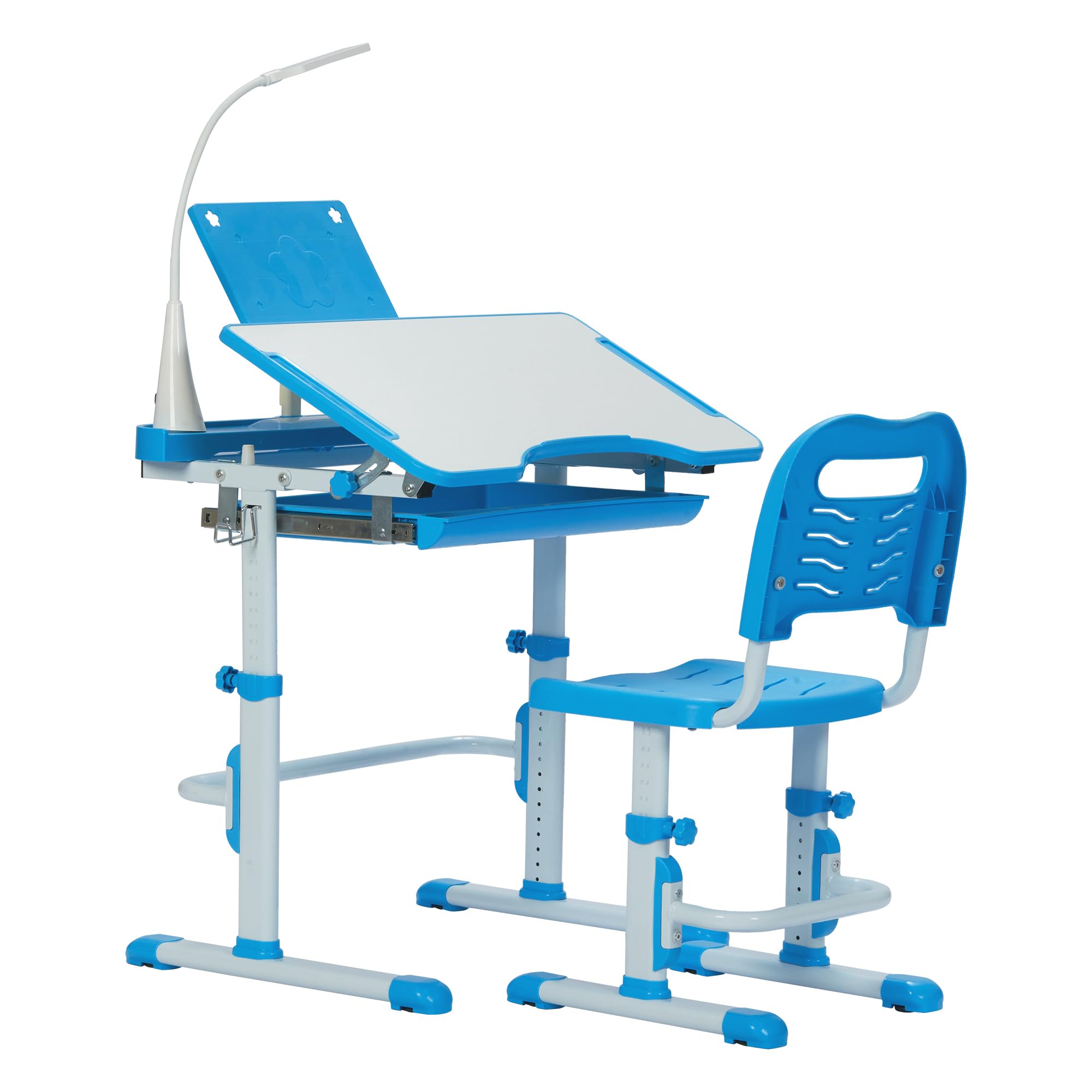 Kids Desk and Chair Set with Tilt Desktop & LED Light, Blue - Task & Tether