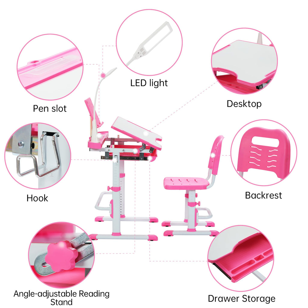 Kids Desk and Chair Set with Tilt Desktop & LED Light, Blue - Task & Tether
