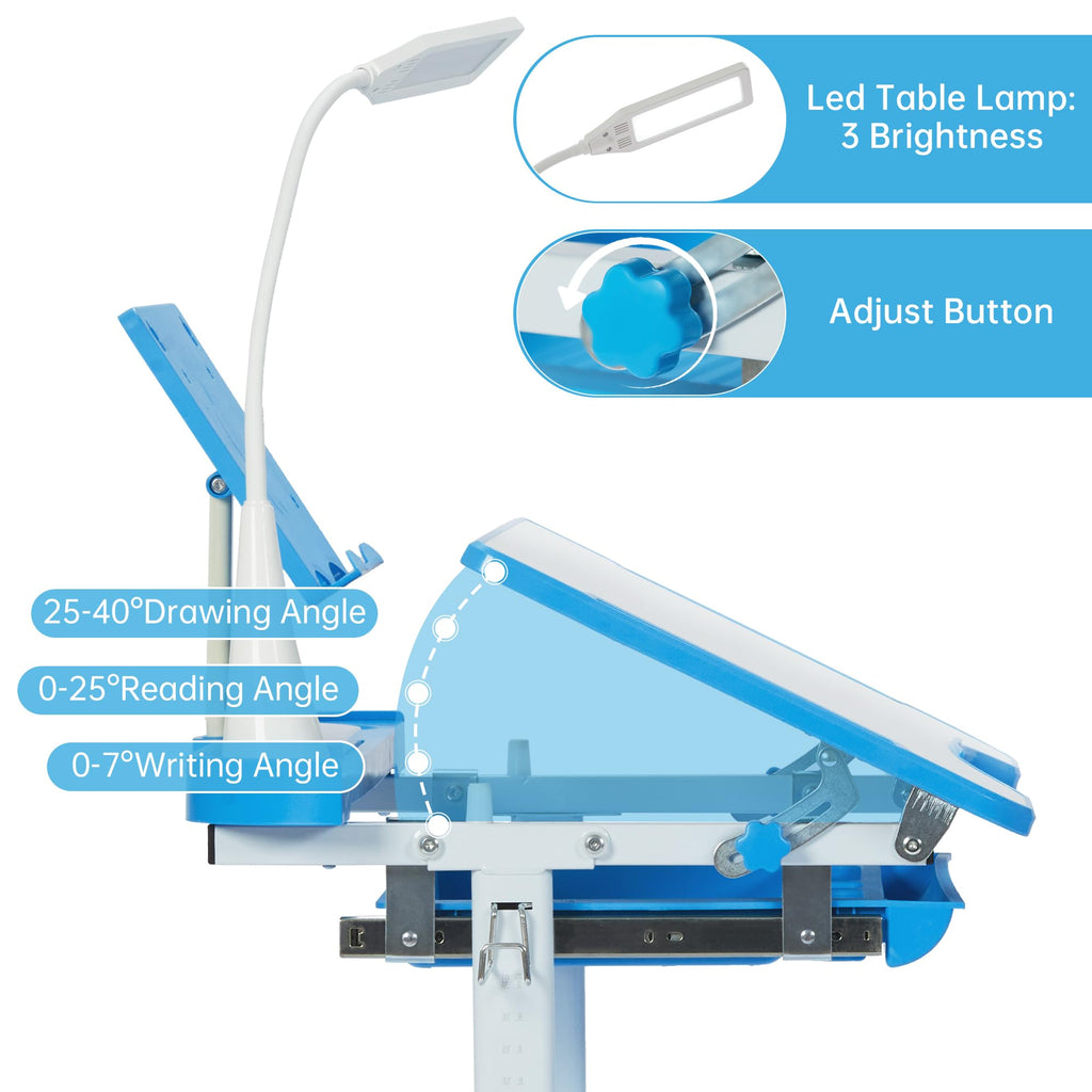 Kids Desk and Chair Set with Tilt Desktop & LED Light, Blue - Task & Tether